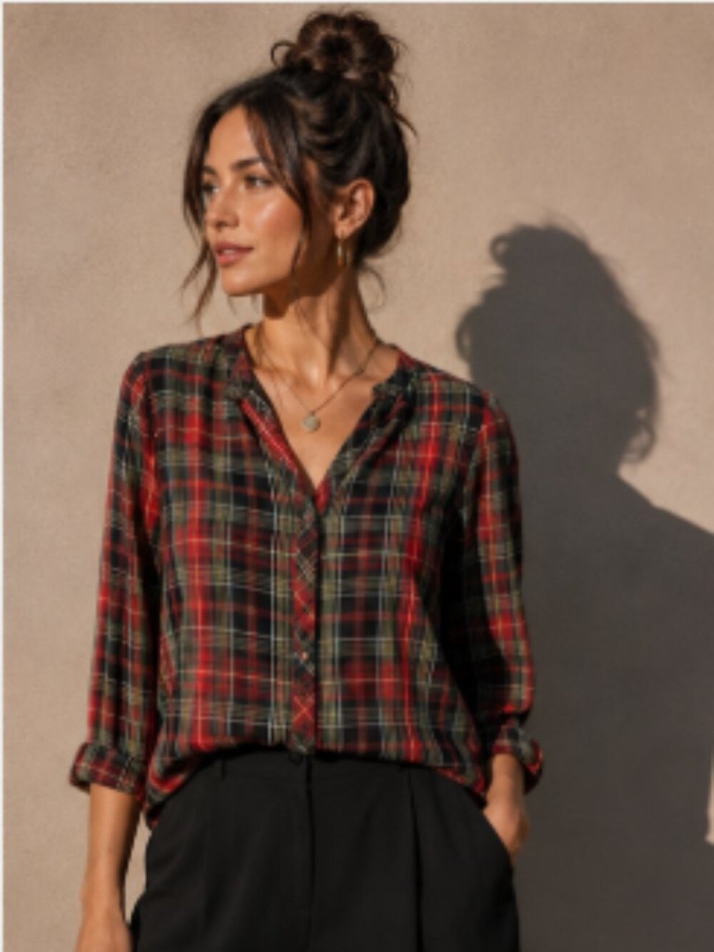 J Jill EUC plaid holiday color button down blouse with longer sides size XS Pet